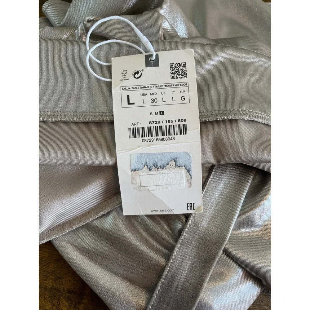 Zara Skirt Faux Wrap NWT Midi Large Silver Metallic Side Tie High Rise Glamorous